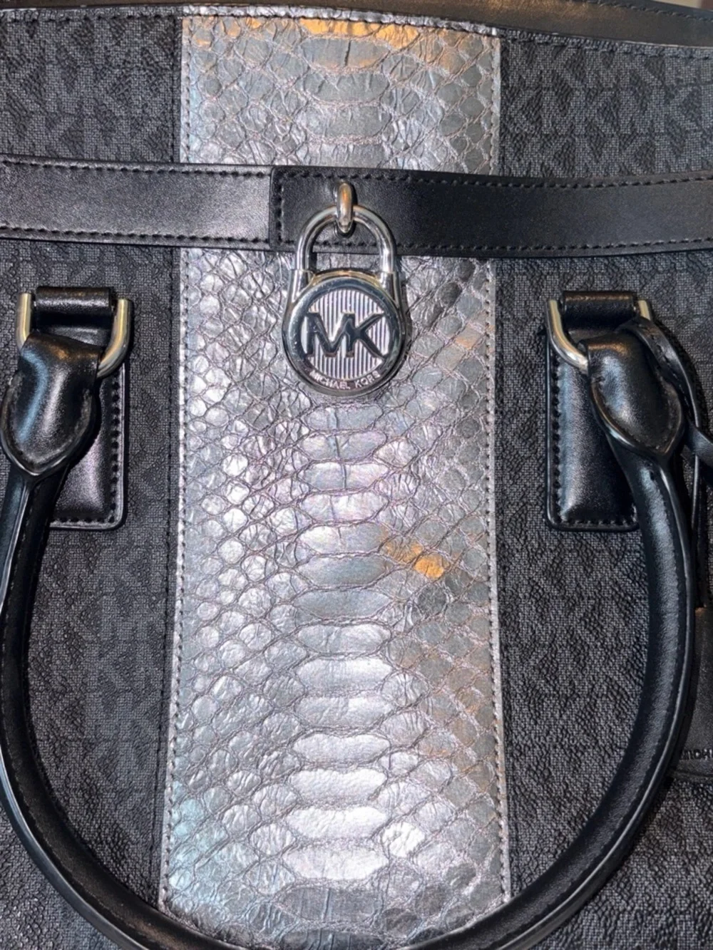 Michael Kors Black Tote with Metallic Silver Croc-Embossed Center